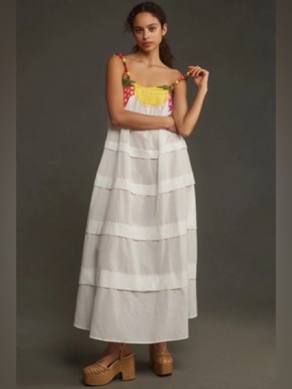FARM Rio Fruits Richilieu Sleeveless Midi Dress white cotton tiered vacation XS